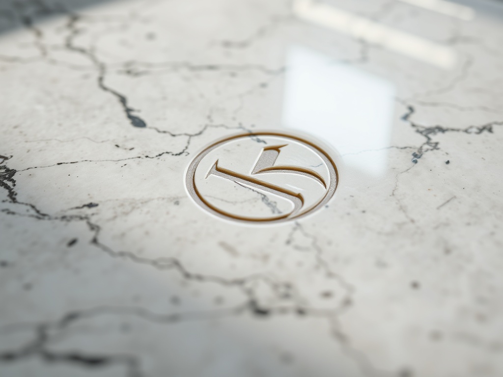 Extreme close-up of a polished marble surface with a subtle engraved logo, shadows highlighting the texture, studio lighting, 8k macro